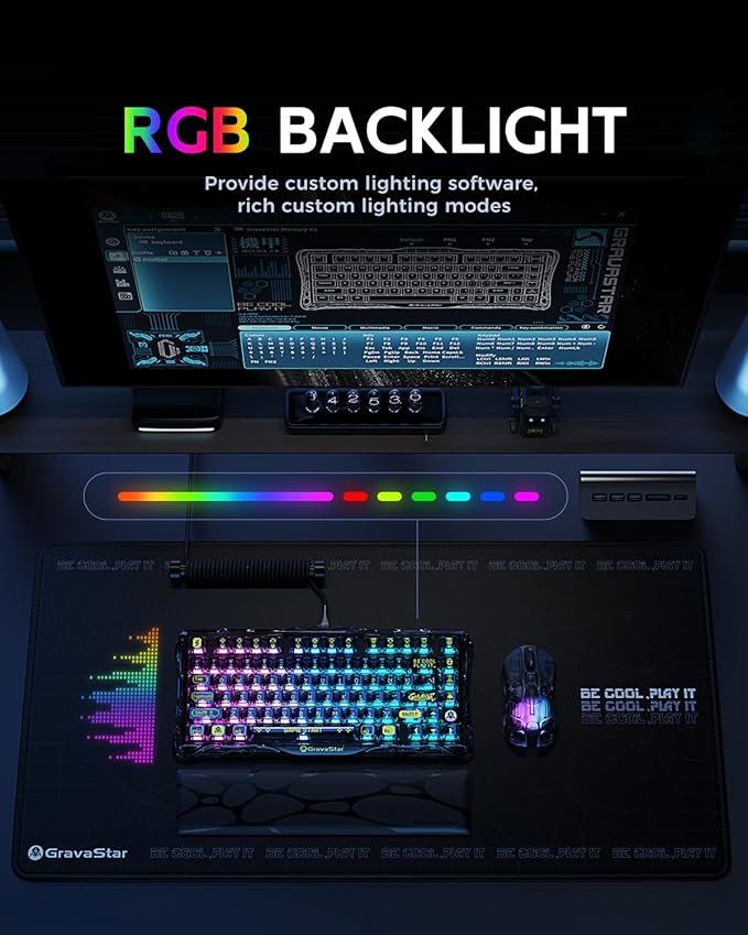 GravaStar Mercury K1 Lite 75% Gaming Keyboard 2.4GHz/BT/Wired Tri-Mode Wireless Keyboard Gasket Hot Swappable Mechanical Keyboard Pre-lubed Linear Switches RGB Backlit (Transparent Black)