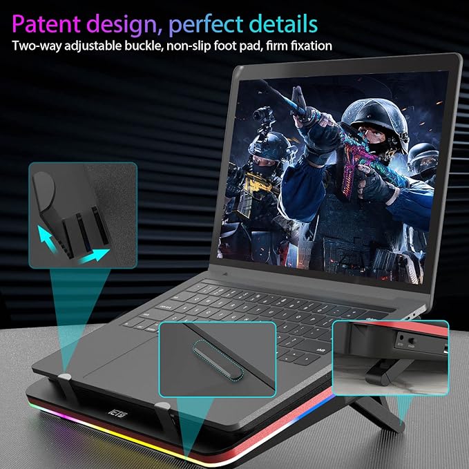 GT500 Powerful Turbo-Fan (5000 RPM) RGB Laptop Cooling Pad with Infinitely Variable SpeedSeal Foam for Rapid Cooling Gaming LaptopDust Filter for Protect Laptop13-17.3inch Laptop Cooler