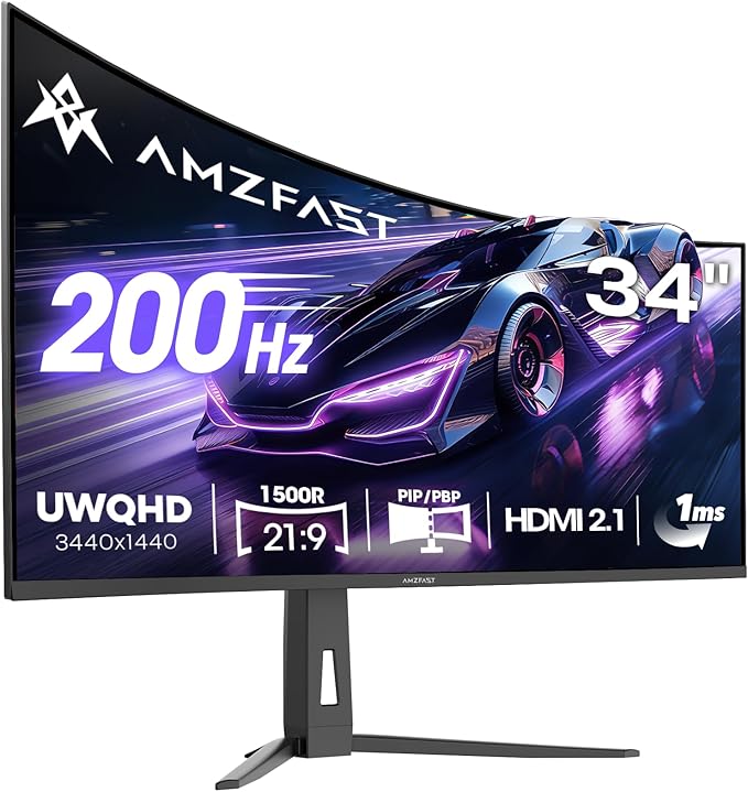 Amzfast 34 Inch UltraWide Curved Monitor 200Hz UWQHD 3440x1440 Gaming Monitor 1ms G-SYNC Compatible 1500R PIP/PBP 131% sRGB Tilt/Swivel/Height AdjustableTÜV Rheinland HDMI 2.1 x 2 &amp DP 1.4