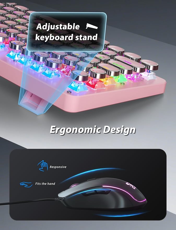 Typewriter Mechanical Gaming Keyboard and Mouse Metal Panel Retro Keyboards with Round Keycap Blue Switch Rainbow LED Backlit 104-Key Anti-Ghost Wired Mouse and Pad Combo for PC Laptop Mac Gamer