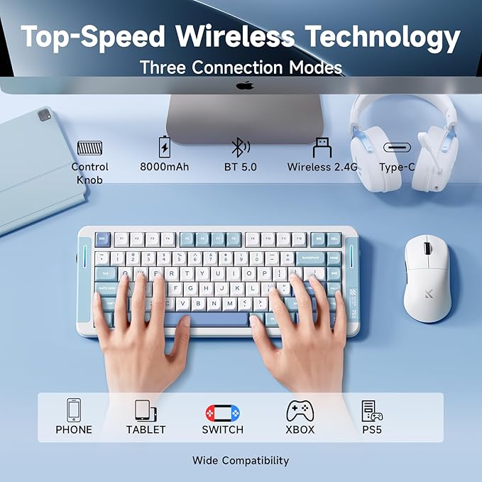 MCHOSE X75 V2 Wireless Mechanical Keyboard Volume Knob Tri-Mode BT5.0/2.4GHz/USB-C Hot Swappable Custom Keyboards Linear Switch Creamy Keyboards RGB Gaming Keyboard for PC/Tablet/PS/Xbox Blue