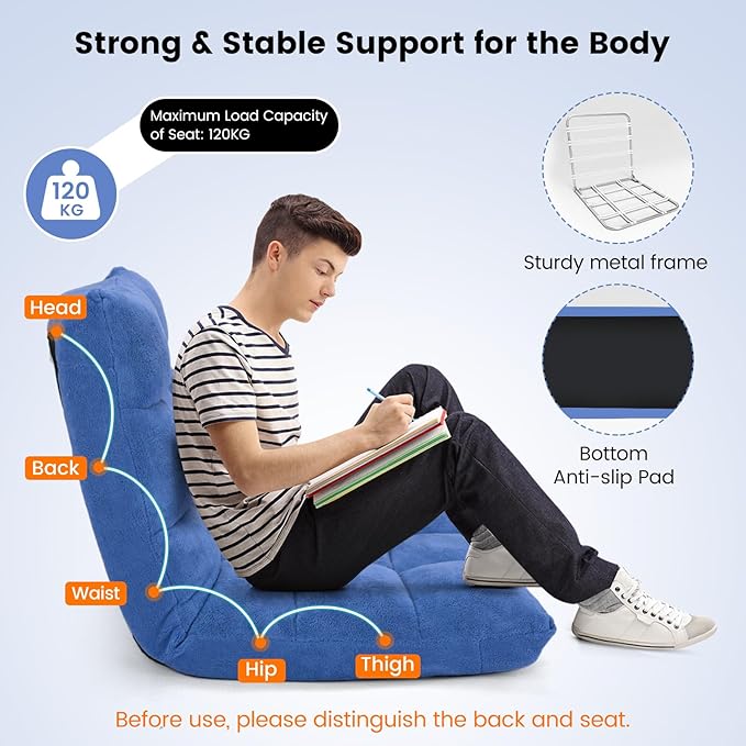 MAT EXPERT Floor Chair with Back Support Floor Gaming Chair w/ 14 Adjustable Position Soft Coral Fleece&ampAlloy Steel Frame Foldable Padded Lazy Couch Recliner for Meditating (Blue Large)