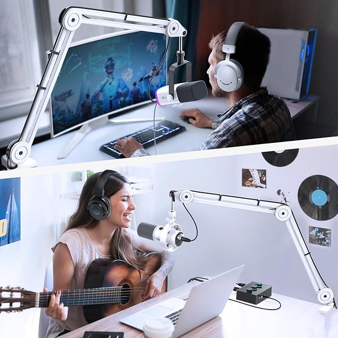 FIFINE Microphone Boom Arm Stand Metal Heavy Duty Mic Stand Scissor Suspension Adjustable Boom Arm for Podcast Recording Streaming Gaming with Desk Clamp 5/8 Screw Cable Ties-BM63 White