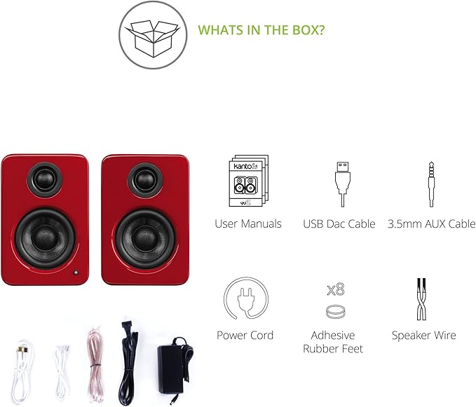 Kanto YU2GR PC Gaming Desktop Speakers | 3 Composite Drivers | 3/4 Silk Dome Tweeter | Class D Amplifier | 100 Watts | Built-in USB DAC | Subwoofer Output | Pair | Gloss Red
