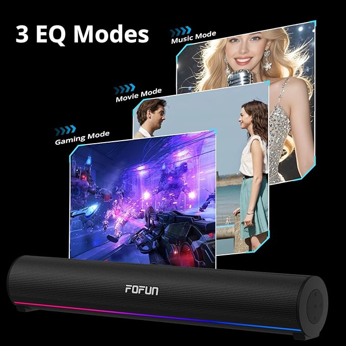 Computer Sound Bar with Detachable ENC Microphone Enhanced Bass Gaming Soundbar Bluetooth 6.0 USB-A Plug and Play PC and Bluetooth Mode 3EQ 10 RGB Speaker for Gaming MusicMeeting