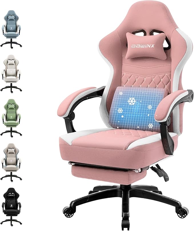 Dowinx Gaming Chair Breathable Fabric Game Chair with Gel Pad and Storage Bag Comfortable Gamer Chair with Pocket Spring CushionErgonomic Computer Chair with FootrestPink