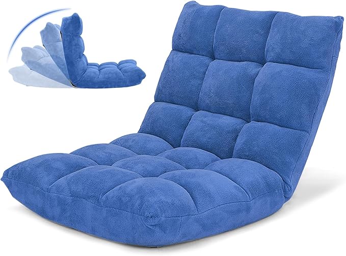 GOFLAME 14-Position Folding Floor Chair Padded Gaming Lazy Sofa Chair with Adjustable Backrest Couch Recliner Sleeper Bed Lounge Chair for Reading Gaming Meditating (Blue)
