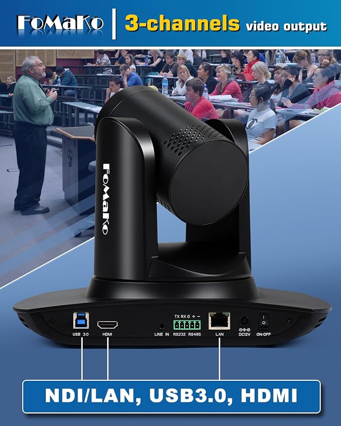 FoMaKo NDI PTZ Camera AI Auto-Tracking Gen 3 20x Optical Zoom LAN USB3.0 HDMI PTZ Camera for Church Services Worship Education (NDI 6 &amp NDI HX3) FMK20UH NDI-B (Black Color)