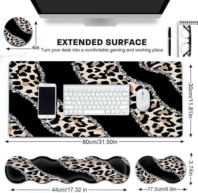 Black Large Gaming Mouse Pad - 31.5x11.8 Ergonomic Memory Foam Wrist Rest Support Non-Slip Base Leopard Design