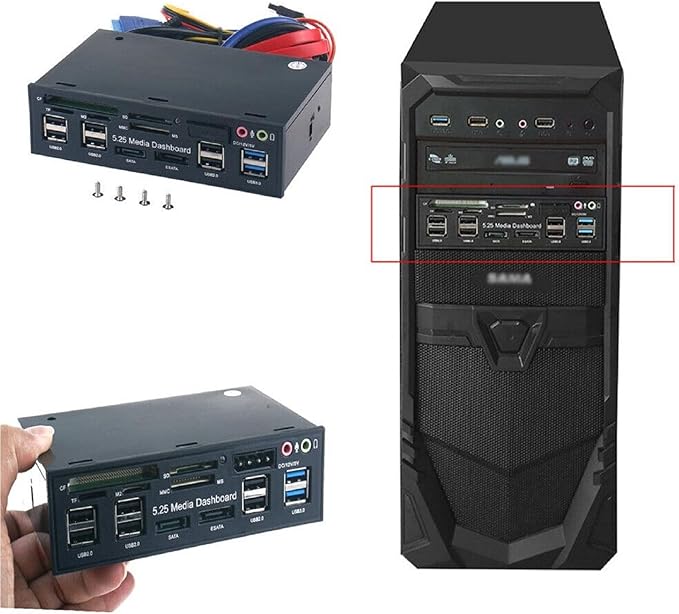 DAGIJIRD 5.25'' PC Front Panel Dashboard Multifunctional Hub USB 3.0 Card Reader Media Dashboard Front Panel Kit