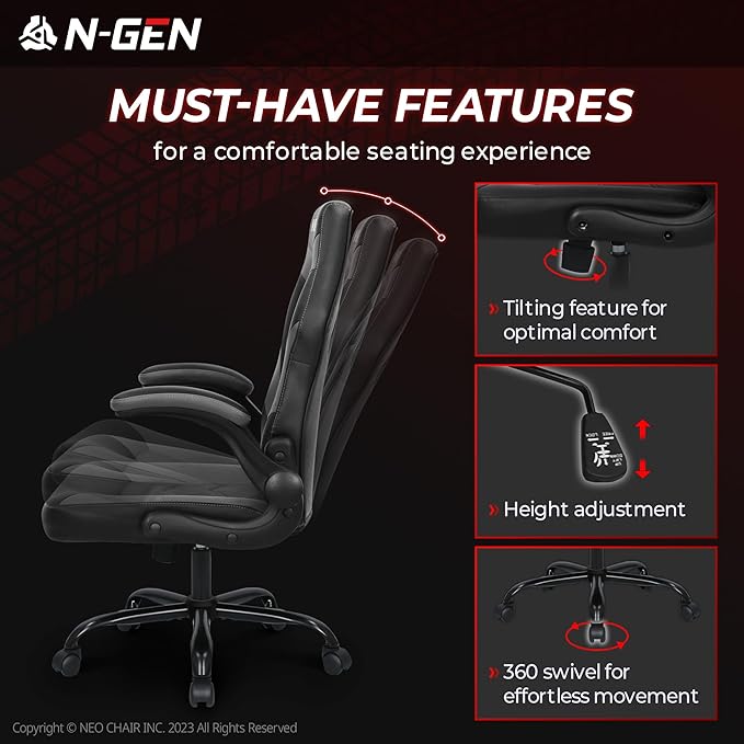 N-GEN Video Gaming Chair Ergonomic Computer Desk Office Chair with Lumbar Support Adjustable Height Swivel Wheels Flip-Up Arms PU Leather Home and Office (Grey)