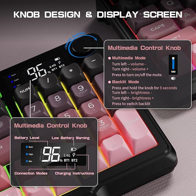 LexonElec M96 Wireless Keyboard Low Profile Quiet Typing Membrane Gaming Keyboard with Smart Display &amp Knob RGB Backlit USB C Rechargeable 94 Keys PBT Keycap for Windows PC Mac Linux-BlackBe