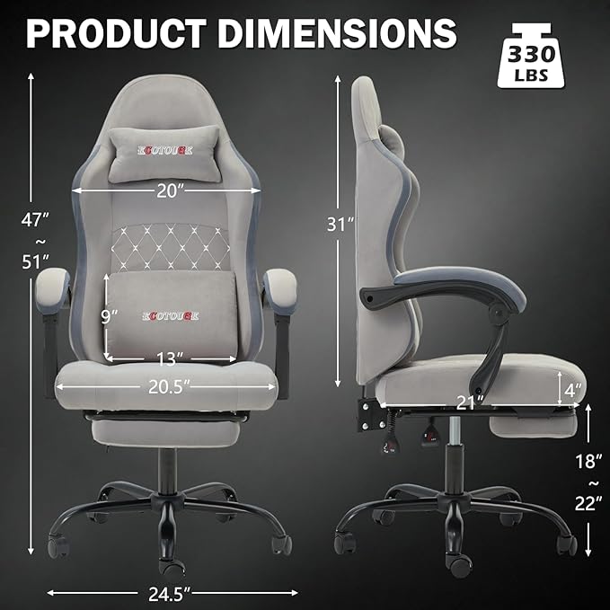 ECOTOUGE Fabric Gaming Chair Video Game Chair with Footrest and Lumbar Support Adjustable Height Home Desk Office Chair Ergonomic Comfort Gamer Chair with High Back Gray