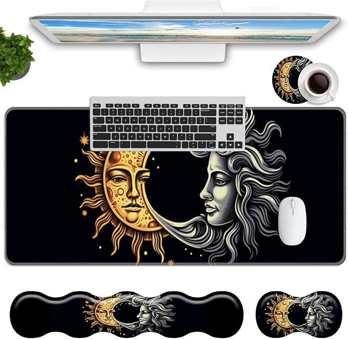 Keyboard Mouse Pad SetLarge Mouse Pad+Keyboard Wrist Rest+Wrist Support+Coaster31.5x11.8in Extended Desk Mat for Computer Laptop Office Home-Sun Moon