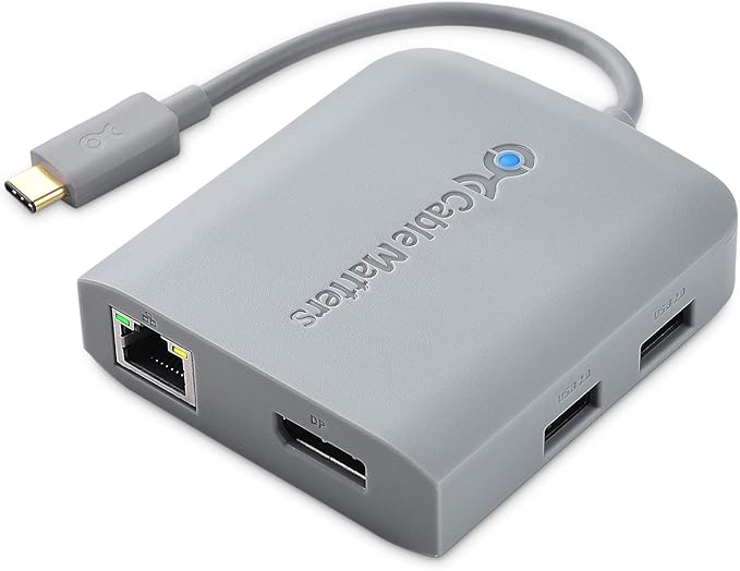 Cable Matters USB C Hub DisplayPort 4K@60Hz (USBC DisplayPort Hub) 100Mbps Ethernet 2X USB 60W Host Charging in Gray - Thunderbolt 4 / Thunderbolt 3 Port Compatible for MacBook Pro