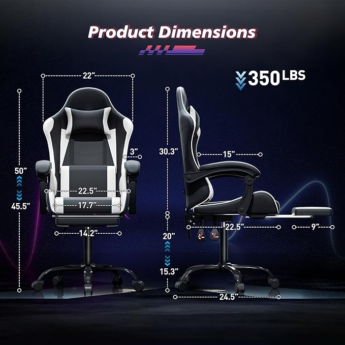 Magshion Gaming Chair for Adults Ergonomic Computer Chair with Linkage Armrests Height Adjustable Gamer Chair with Footrest and Headrest for Home Office 350 Lbs Capacity White