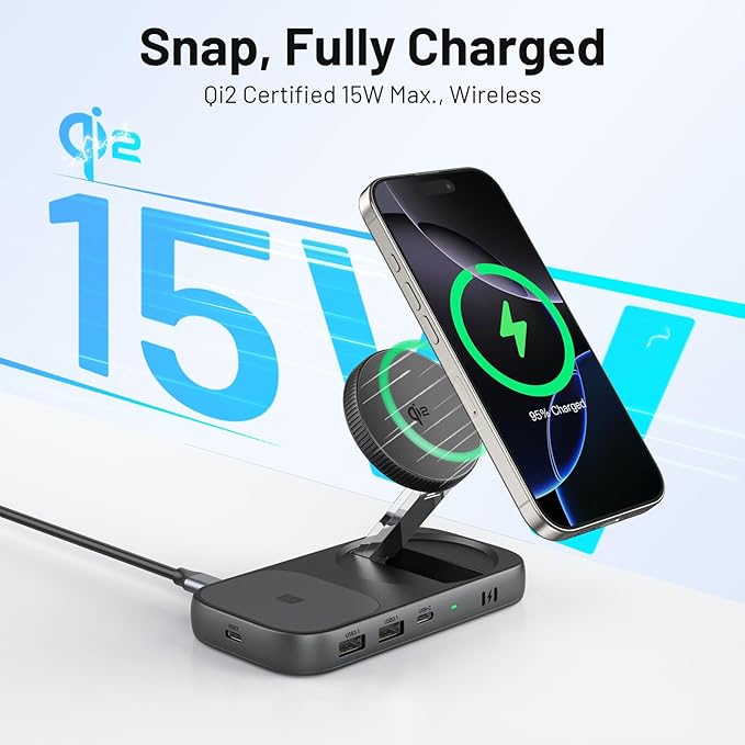 Selore USB C Hub with Wireless Charging for MacBook: 4K@60Hz HDMI 100W PD 15W Qi2 + 5W Wireless 10Gbps Ports iPhone Mirroring Docking Station &amp Magsafe Stand Space-Saving Desk Organizer(Black
