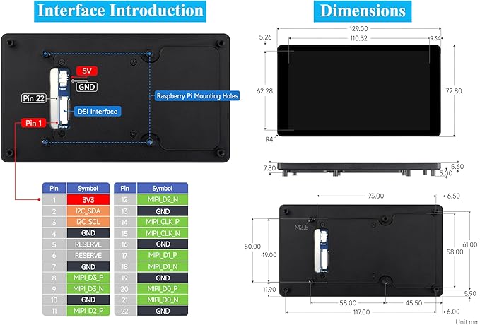 5inch DSI Capacitive Touch Screen Compatible with Raspberry Pi 5/4B/3B+/3A+/CM5/CM4 3+/ ESP32-P4 720 x 1280 IPS Display Optical Bonding Toughened Glass Panel 5-Point Touch Aluminum Alloy Case