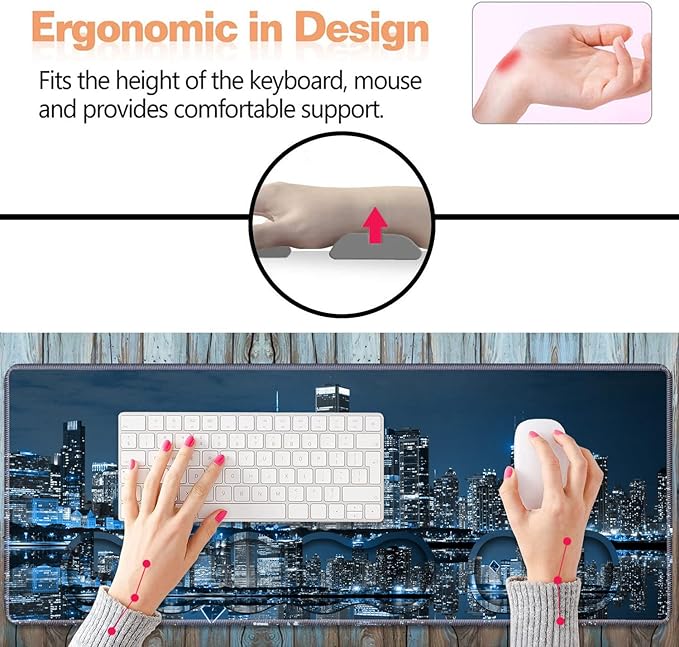 Ergonomic Keyboard Wrist Rest &amp Mouse Pad Wrist Rest Set Large XXL Gaming Desk Mat 31.5x 11.8 Non-Slip Base Memory Foam Easy Typing Pain Relief for Office &amp Home Chicago Skyline Night V