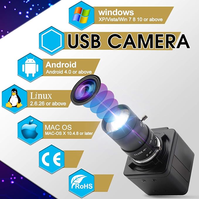 1080P Webcam 5-50mm Varifocal Lens USB Camera HD 2MP 0.01Lux Low Illumination IMX322/IMX323 Sensor Industrial Camera H.264 Webcamera PC Webcam for Raspberry PI Windows Android Linux MAC