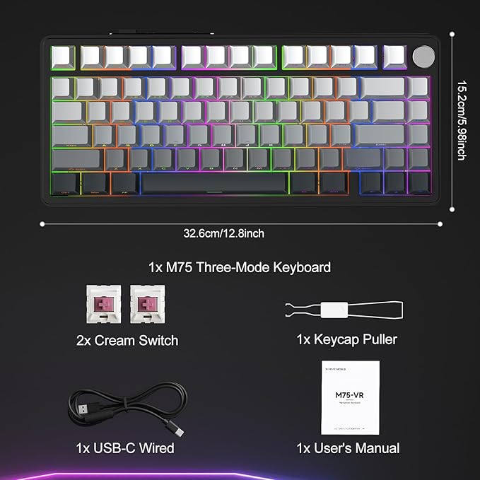 CC MALL M75 Mechanical Keyboard75% Gasket Hot SwappableRGB BacklitSide Printed PBT Keycaps2.4Ghz/Bluetooth/USB-C Gaming Keyboards (White and Black)