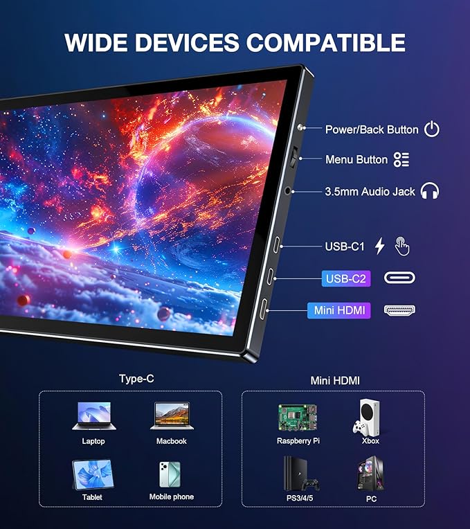 10.1 Inch FHD 1920x1200 Portable Monitor with IPS Screen Full-Featured USB-C Connection Ultra-Thin Design Compatible with Laptop PC Mac Phone PS5 with Premium Smart Case 16:10 Travel