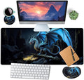 Large Mouse Pad with Mouse Wrist Rest 31.5x11.8 in Extended Mouse Mat with Non-Slip PU Base Ergonomic Memory Foam Wrist Rest for Work &amp Gaming Writing Pad Blue Flying Dragon Office Desk Pad