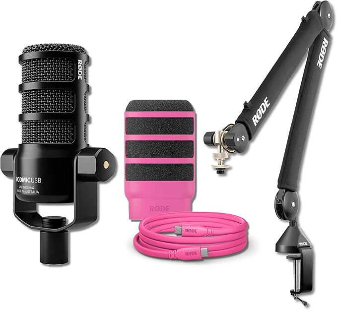 Rode PodMic USB Dynamic Broadcast Microphone with Rode PSA1+ Broadcast Microphone Boom Arm XLR Cable Pink SC27 USB-C to USB-C Cable and Pink WS14 Pop Filter
