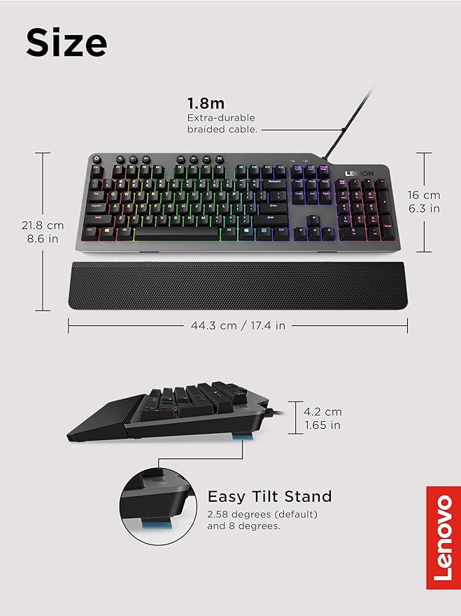 Lenovo GY40T26478 Legion K500 RGB Mechanical Gaming Keyboard 3 ZONE Full-size Keyboard 7 user Programmable Hot Keys 16.8 Million Colors 50 Million-Click Red Mechanical Keys Detachable Palm Rest