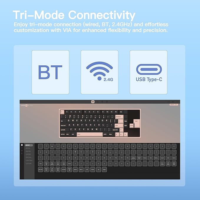 KEEBMONKEY WOBKEY Rainy 75 CNC Aluminum HMX/JWK/Cocoa Switches Triple-Mode Connectivity Mechanical Keyboard with Superior Acoustics RGB/PP/Gradient Glass/3500mAh/Violet Switch (Standard - Blue)