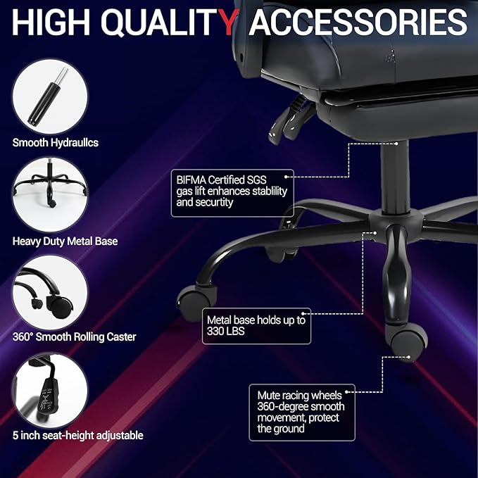 Gaming Chair with Footrest for Adults - PU Leather Massage Racing Video Game Chair w/Lumbar Support for Men Women Ernogomic Computer Game Chair for Home Office Height Adjustable Black