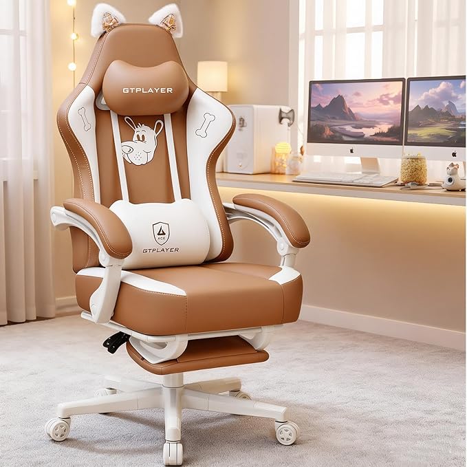 GTPLAYER Gaming Chair Cute with Cat Ears Ergonomic Computer Chair with Dog Embroidery Adjustable Memory Foam Lumbar Support and Headrest Comfortable Reclining Office Chair for Girls Teens Women