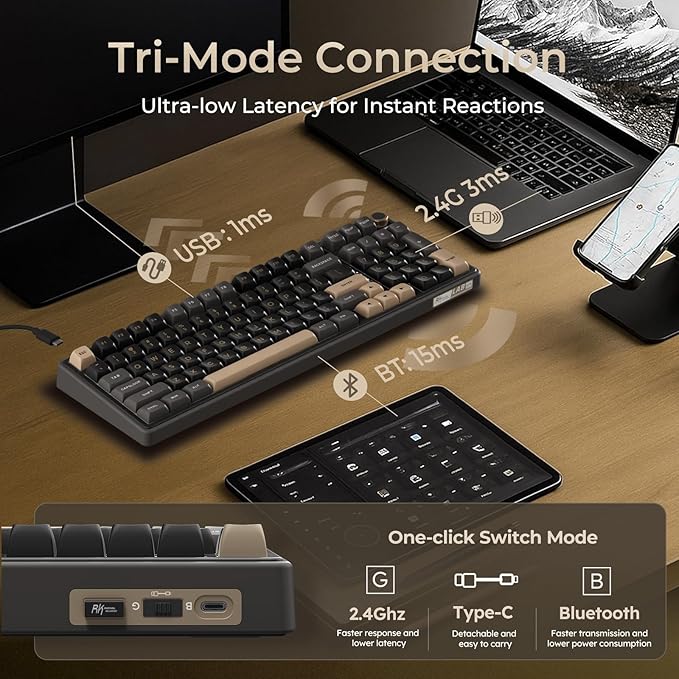 RK ROYAL KLUDGE R98 Pro Wireless Mechanical Keyboard Creamy Bluetooth/2.4GHz/Wired RGB Gaming Keyboard with Number Pad and Knob MDA Profile PBT Keycaps Gasket Hot Swappable Linear Switch Black
