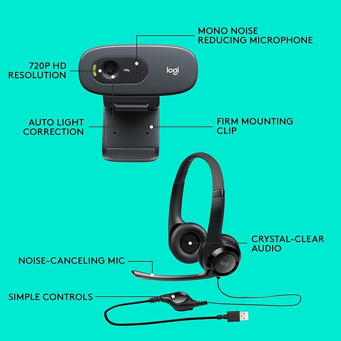 Logitech USB Headset H390 with Noise Cancelling Mic &amp C270 Desktop or Laptop Webcam HD 720p Widescreen for Video Calling and Recording