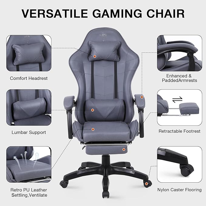 High-Back PC Gaming Chair Office Chair Desk Task Chair Computer Racing Chair PU Ergonomic Executive Swivel Rolling Chair with Lumbar Support for Women Men (Grey)