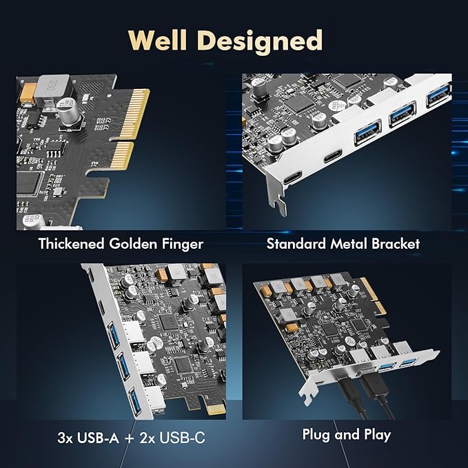 Binardat PCIE to USB 3.2 Gen2 10G Expansion Card 5 Port 3X USB Type-A and 2X Type-C Ports Self-Powered USB3.2 Hub Controller Adapter for Windows 10/11