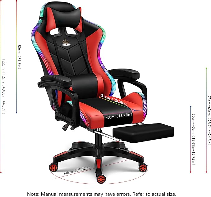 RGB Gaming Chair with Massage and Footrest Ergonomic Pro Computer Chair with LED Lights and Speakers High Back Music Video Chair with Lumbar Support and Headrest for Adult Teens. (Black + Red)
