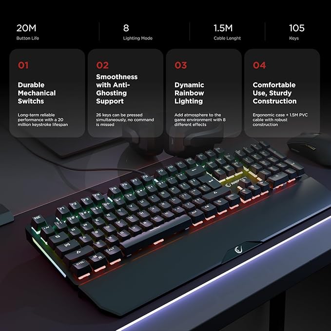 KB-R86 Umbra Mechanical Gaming Keyboard – High-Performance Switches 26-Key Anti-Ghosting 12 Multia Keys Wrist Rest Durable ABS – Compatible with PC Laptop Mac (Blue Switch)