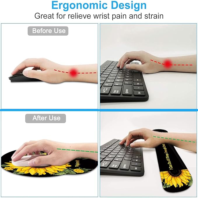 Keyboard Wrist Rest and Mouse Wrist Rest Pad with Cup CoasterMade of Memory FoamErgonomic SupportEasy-Typing and Pain Relieffor Gaming Office Home ComputerSunflower