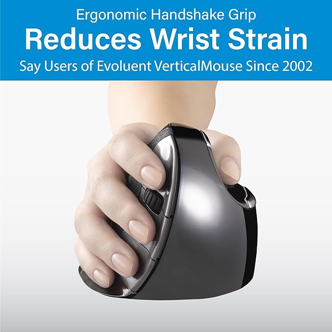 Evoluent – Inventor of The Vertical Mouse – VMDMW Ergonomic Vertical Mouse Right Hand Med USB Wireless Sculpted for Comfort Reduces Wrist Strain 4 Speeds 6 Customizable Buttons in Windows