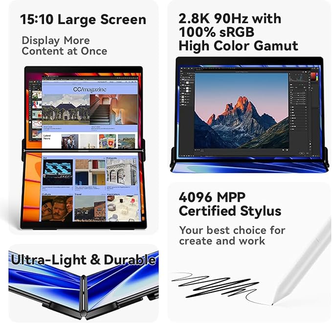 EHOMEWEI X2 Air 2.5K Portable Dual Touchscreen Monitor with Stylus Pen 90Hz 14.2“*2 IPS 2520 * 1680 400 Nit Brightness 100% sRGB for Office/Home/Travel for Mac/Laptop/Smartphone Extender Screen