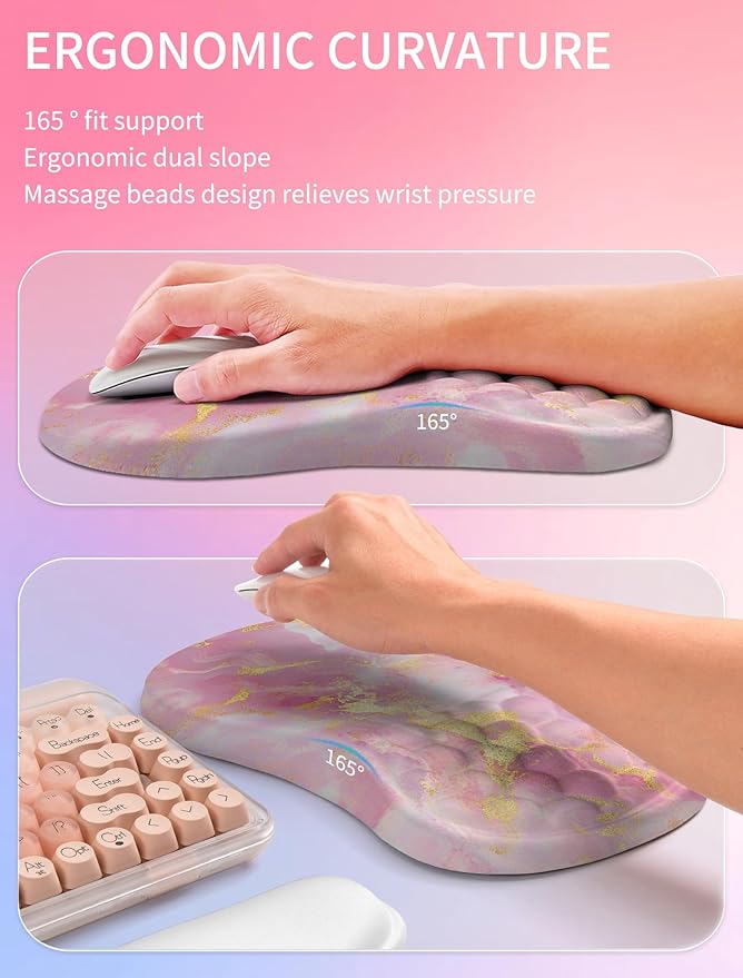Hokafenle 2in1 Combination Wave Keyboard Wrist Rest and Ergonomic Curvature Mouse Pad Wrist Support for Relieve Wrist Pain Filled with Soft Cushion Memory Foam Golden Pink Marble