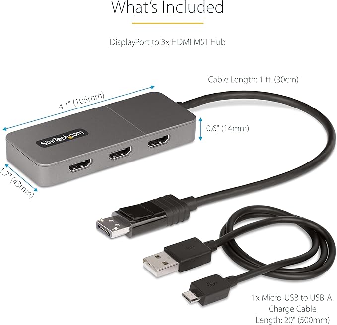 StarTech.com 3-Port MST Hub - DisplayPort to 3X HDMI Triple 4K 60Hz Monitors DP 1.4 Multi-Monitor Video Adapter 1ft (30cm) Built-in Cable USB Powered Windows Only (MST14DP123HD)