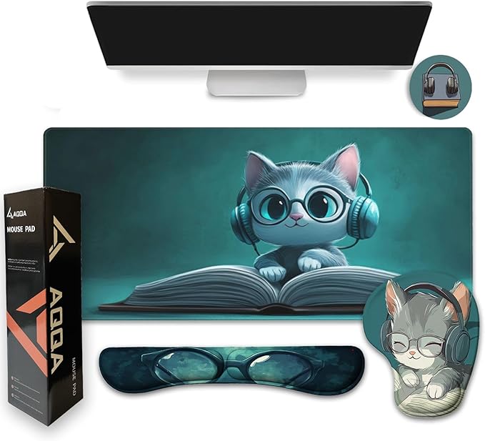AQQA Mouse Pad SetErgonomic Mouse Pad with Wrist RestComfortable Mousepad with Smooth Wrist Support Surface and Non-Slip PU Base forHome Office Desk Accessories Decor SuppliesCute Cat