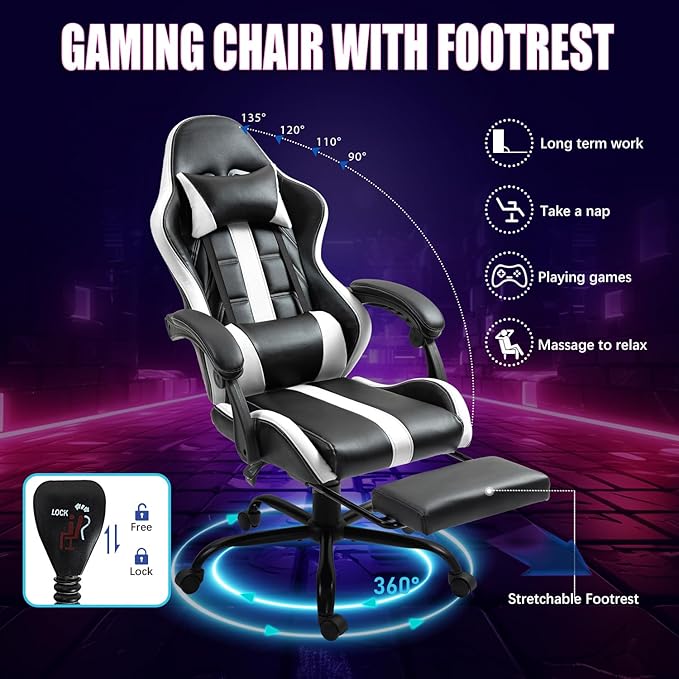 ECOTOUGE Massage Gaming Chair Video Game Chair with Footrest Ergonomic Computer Chair with Headrest and Massage Lumbar Support Height Adjustable High Back Office Desk Chair with 360° Swivel White