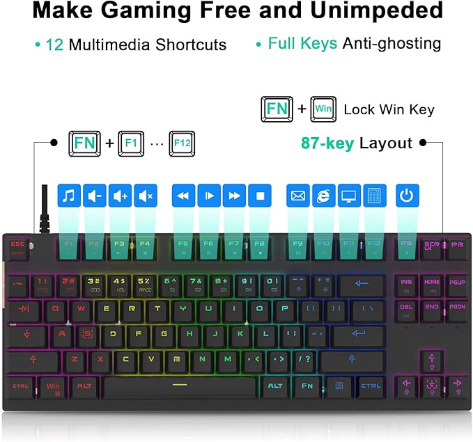 MOTOSPEED Professional Gaming Mechanical Keyboard RGB Led Backlit Wired with Anti-Dust Proof Switches for Gaming Keyboard for Mac &amp PC (Black 87 Key Red Switches)
