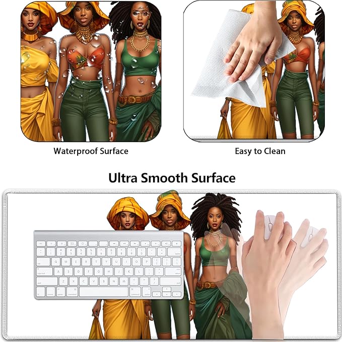 Large Mouse Pad with Mouse Wrist Rest 31.5x11.8 in Extended Mouse Mat Ergonomic Memory Foam Wrist Rest for Work &amp Gaming Writing Pad African American Women Black Girl Pattern White Office Desk