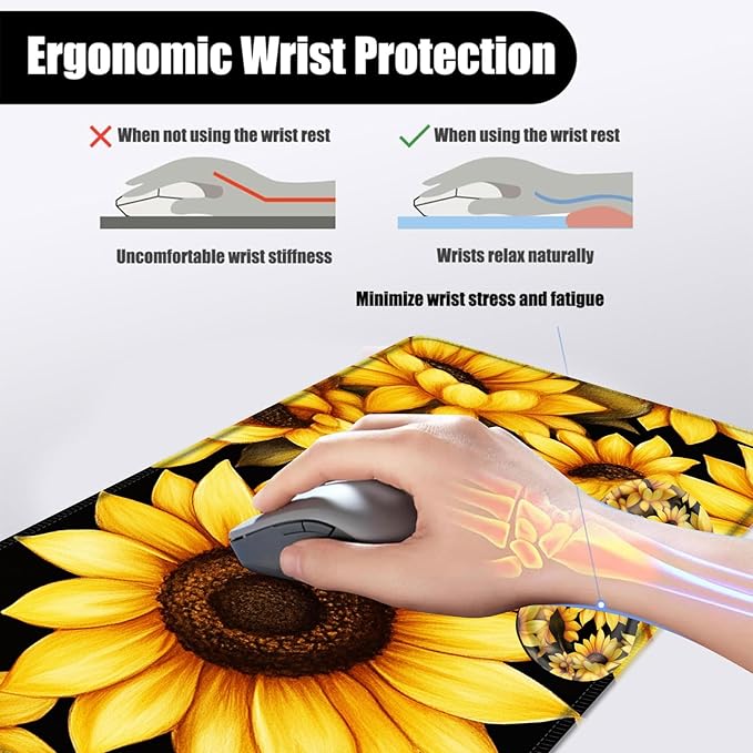 Mouse PadLarge Desk Mat Set 4in1 XL Mousepad + Keyboard Wrist Rest+Mouse Wrist Rest+Coaster with Ergonomic Desk Pad for Home Office Table Computer Cover -Yellow Sunflowers