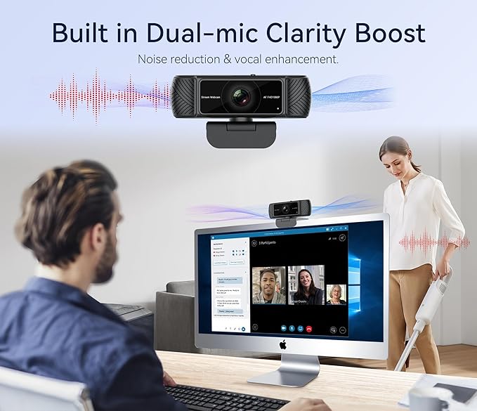 Streaming Webcam for PC - 1080P HD Webcam with Microphone Privacy Cover AutoFocus Noise Cancellation Auto Light Correction USB Computer Web Camera Plug and Play for Laptop Desktop Mac