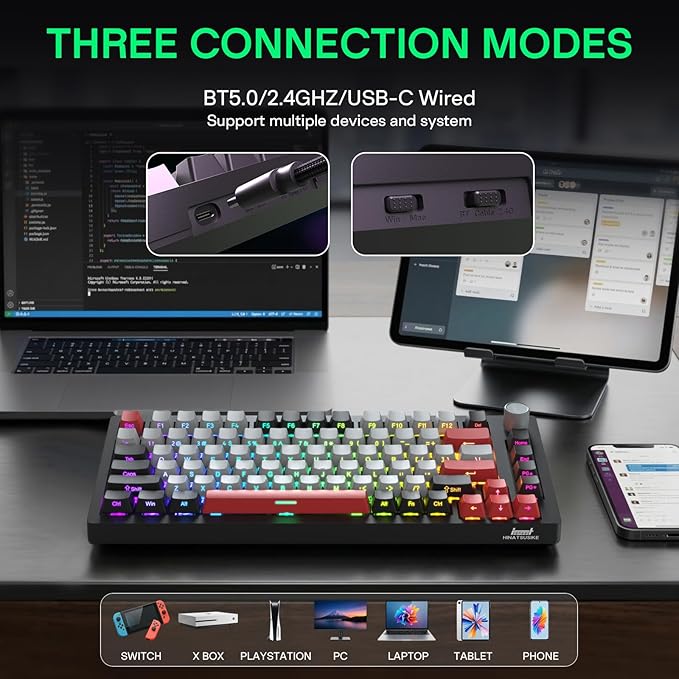 H83 PRO Wireless Mechanical Gaming Keyboard 75% Layout Gaming Equipment Gasket Mounted - Hot Swappable Cardamom Switches PBT Keycaps RGB Backlit USB-C/2.4G/BT5.0 for Win/Mac/Linux